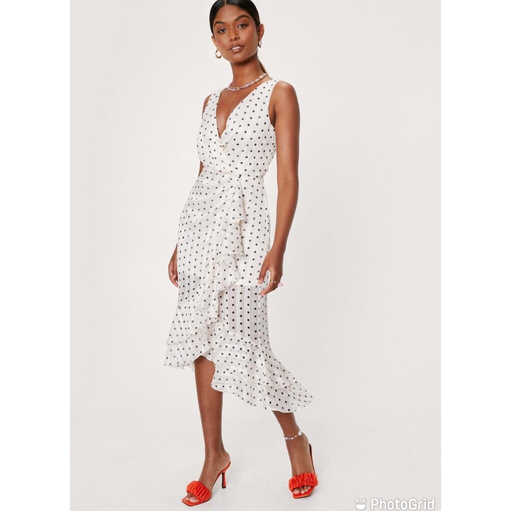 nasty gal plunging v neck dress Nasty Gal Spotty Plunge Ruffle Front Maxi Tea Dress