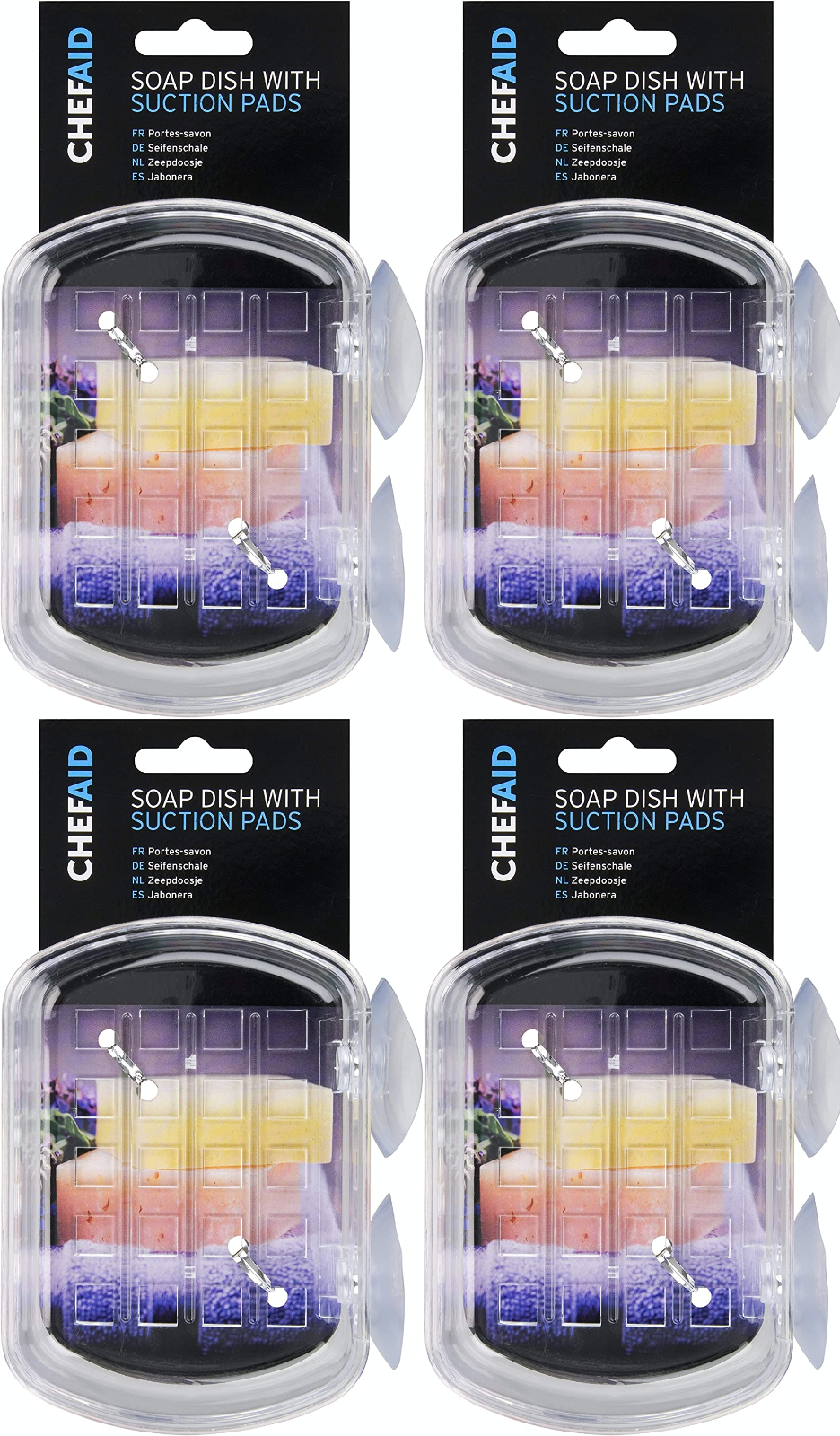 4x Chef Aid Plastic Soap Dish with Suction Pads Bathroom Shower Tile Caddy Stand