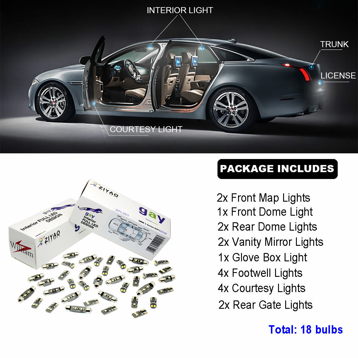 18pcs Deluxe White LED Interior Light Kit For BMW X5 E53 Panorama Roof