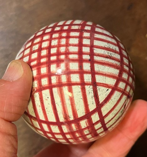 Antique 19th c. English Victorian Pottery Carpet Ball Red Criss Cross Stripe - Picture 9 of 12