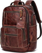 Coffee Full Grain Leather Backpack for Men - Fits 16" Laptop