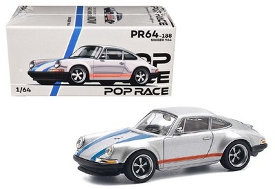 Pop Race 1:64 Porsche Singer 964 Silver Metallic w/Blue & Red