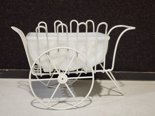 Akro Agate White Wire WAGON Metal PLANTER Stand w/ WHITE Slag Glass Flower Pot - Picture 3 of 6