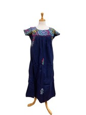 Vntg Women's Blue Multicolor floral Embroidered House Dress