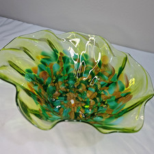 Vintage Murano Style Art Glass Dish   Multicolor Ruffled Bowl 10" NICE
