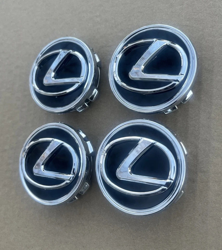 JUEGO DE 4 TAPACUBOS CENTRALES DE RUEDA NEGROS cromo logo línea cromada 62 mm/2,44 pulgadas se adapta a LEXUS Foto 3 de 4