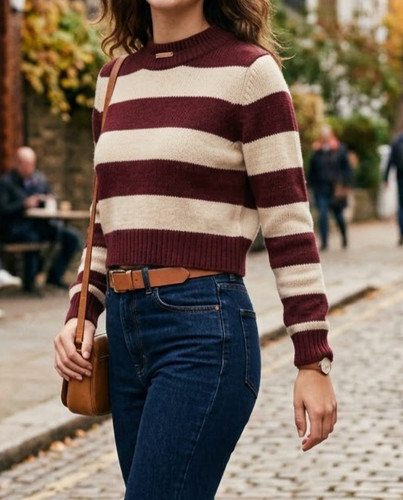 Gucci, Maglione donna vintage Gucci lana cropped bordeaux panna righe taglia XL Made in Italy