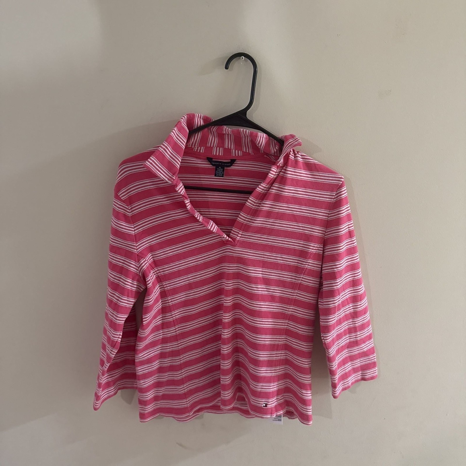 Tommy Hilfiger Women's Pink & White Striped Long Sleeve Polo Shirt, Size XS