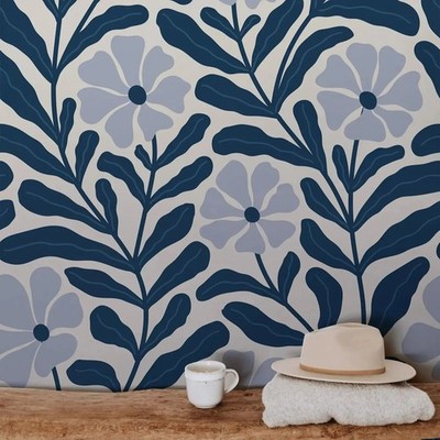 Navy Floral Peel Stick Wallpaper 11.81''x118.11'' / 50x300cm Removable Decor