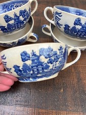 5 Antique Blue Willow Cream Soup Bowls Double Handles Blue White w Crazing