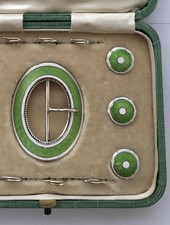 Silber Emaille Guilloche Art Deco Set Gürtelschließe Knöpfe 925/-Sterling