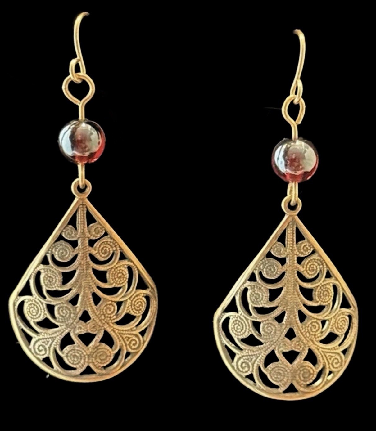 Garnet & Copper Filigree Dangle Teardrop Earrings Metal Bohemian Pierced Hook 2”