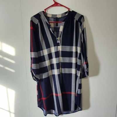 Yahata Women s Plaid Tunic Dress Blue Red White Button Cuff V-Neck Size L