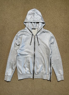 Men's Balmain Zip Hoodie Sweatshirt Metallic Shimmer Silver Grey