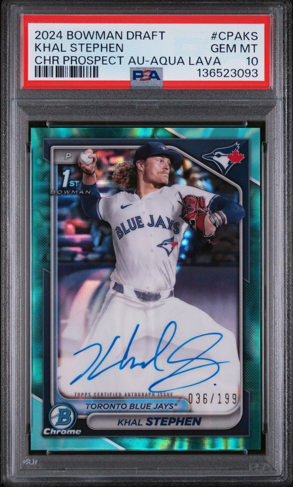 2024 Bowman Draft Chrome 1st Prospect Khal Stephen Auto Aqua Lava /199 PSA 10