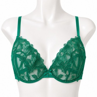 Fleur du Mal Lily Embroidered Plunge Demi Bra Size 36F Green Floral Sheer Lace