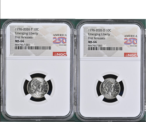 1776-2026 P D Emerging Liberty 10¢ NGC MS 66 First Releases