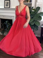 NWOT Vintage 70s Olga S Nightgown Full Sweep Red Body Silk Nylon Spandex