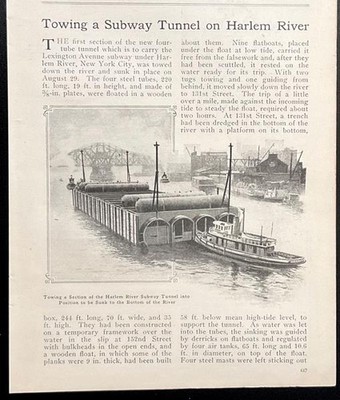  Towing a Subway Tunnel on Harlem River  Tube 1911 vintage pictorial NYC Bronx