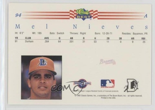 1992 Classic Best Minor League Melvin Nieves Mel Nieves #94 0q1p - Picture 2 of 3