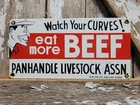 VINTAGE FARM PORCELAIN SIGN RARE OLD PANHANDLE LIVESTOCK RANCH EAT MORE BEEF COW