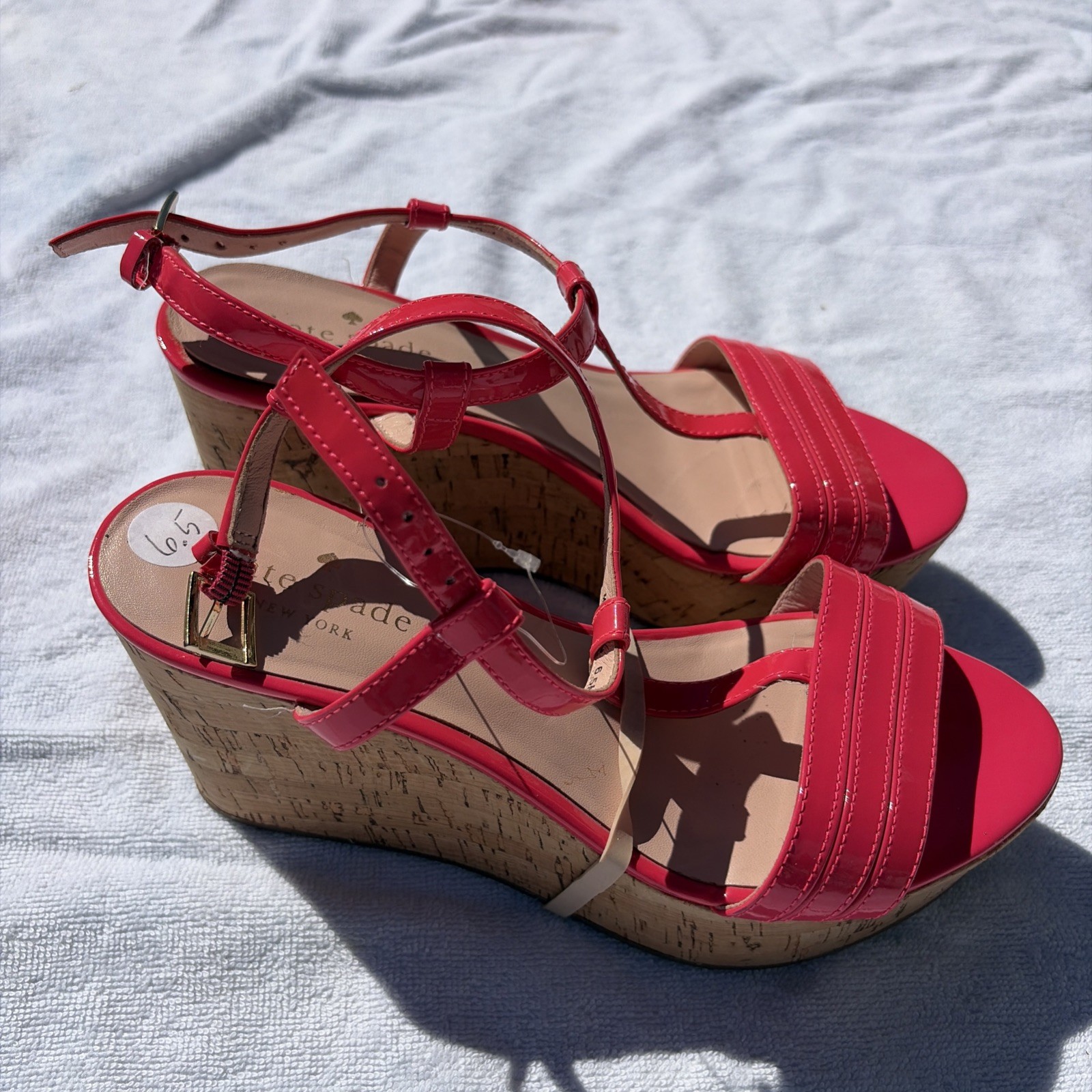 KATE SPADE Hot Pink Patent Cork Wedge Platform Sandal Strappy Heels Size 6.5 thumbnail 2