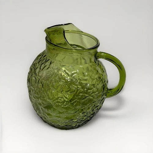 Vintage Anchor Hocking Avocado Green Crinkle Glass Pitcher Ball Design