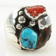 Native American Turquoise Coral Sterling Silver Ring Size 9 3/4