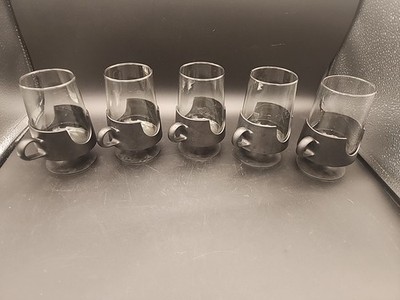 5 Lot Vtg MCM Corningware Glas-Snap II Smoke 8oz TUMBLERS BLACK Base Lightweight