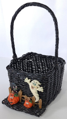 Vtg FTD Halloween Basket Black Wicker Jack O'Lanterns Pumpkins Ghost Black Cat