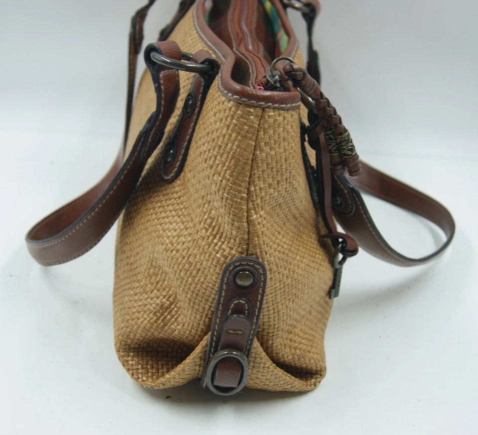 Vintage Fossil Key Per Handbag Women's Brown Straw Leather Shoulder Hobo Bag - Imagem 3 de 4