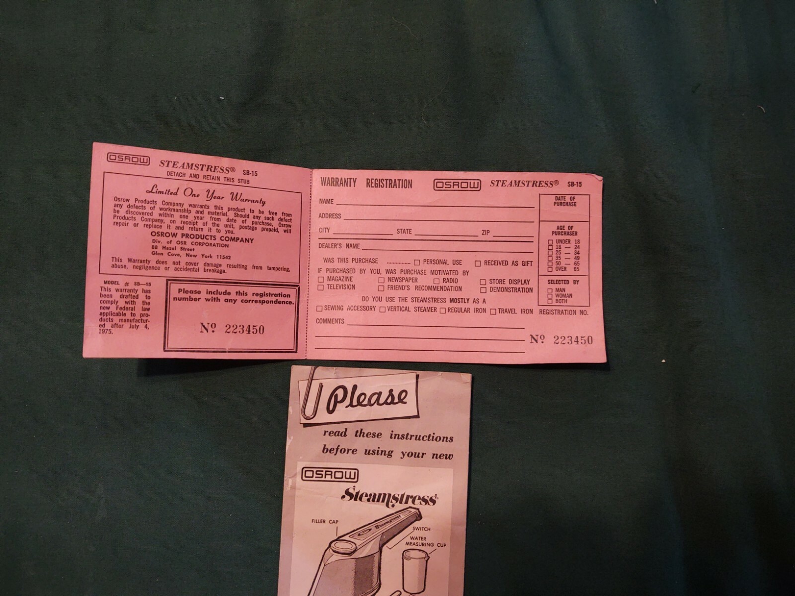 VTG Osrow Steamstress 1973 Vintage SB15 Fabric Steam Iron Original Packaging