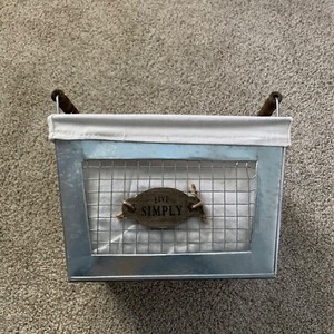 NEW Large Tin Gift Basket LIVE SIMPLY Lined Handles Serving Farmhouse Rustic NWT
