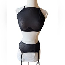 New Frederick s of Hollywood sheer black rhinestone Zola Women's Intimate Set M