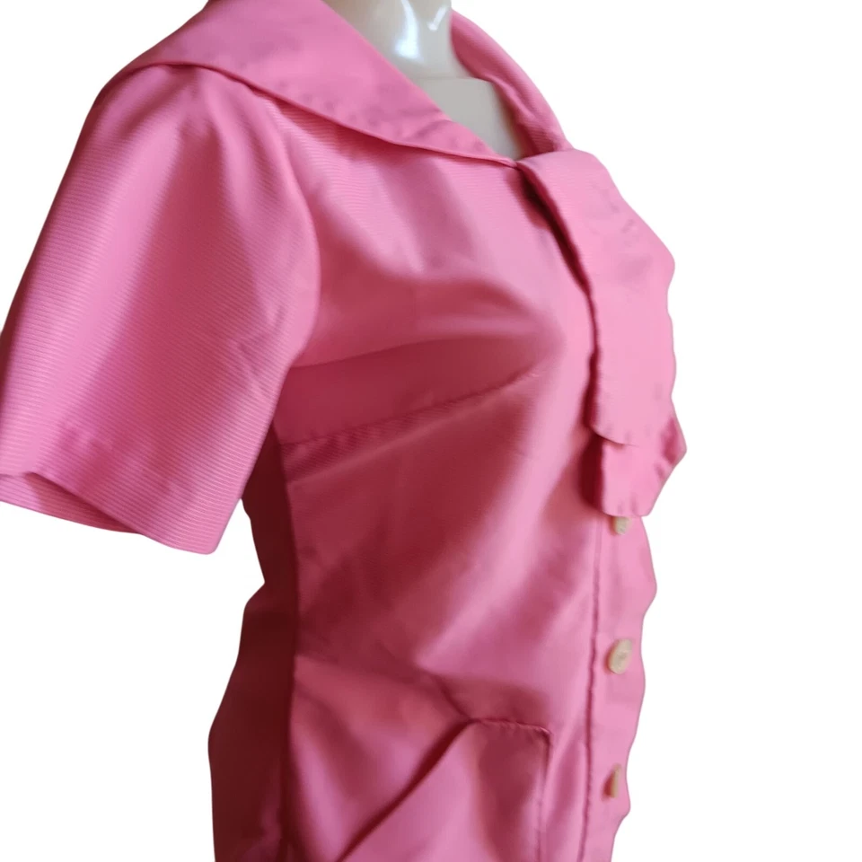 Women's Small Vintage Beautician Blouse Pink 1960's Acetate Mod Stewardess Tunic - Image 2 of 4