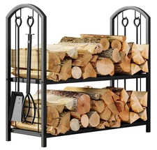 Fireplace Firewood Log Rack 5-Piece Storage Logs Holder with Tools Set with 4...