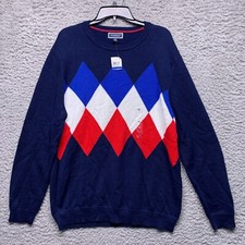 Club Room Sweater Mens XL Argyle BLue Red White Crew Neck Pullover LS