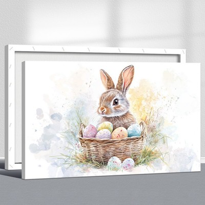 Easter Bunny Watercolor Canvas Print: Cute Rabbit with Eggs in Basket