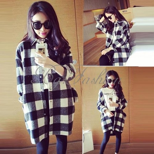 UK 8-26 Women Oversize Black White Plaid Collared Button Down Shirt Blouse Tops - Picture 3 of 9