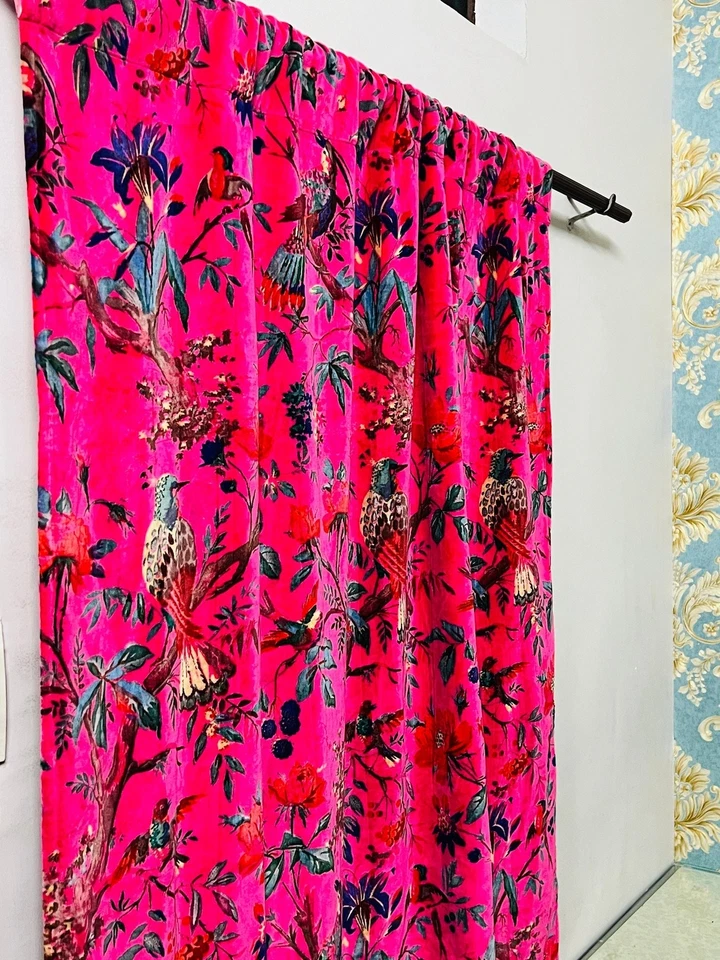 2 pcs Set Boho Vintage Style Cotton Velvet Pink Bird Print luxury Curtain - Image 3 of 4