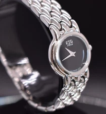 ESQ Swiss Watch Women 24mm Silver Tone Black Dial Stainless Dress NEW BATTERY