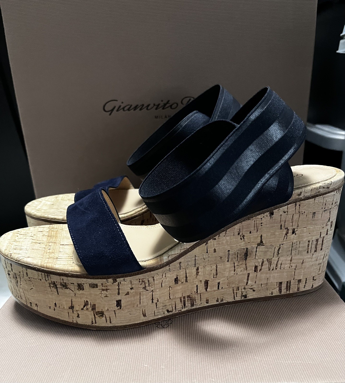 Gianvito Rossi Navy Elastic Strap/Suede/Cork Wedge Sandals/Shoe size US 8.5
