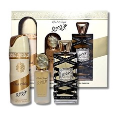 Lattafa Oud Mood 3PC Set 3.4oz EDP Spray 1.7oz Hair Mist 6.7oz Body Spray