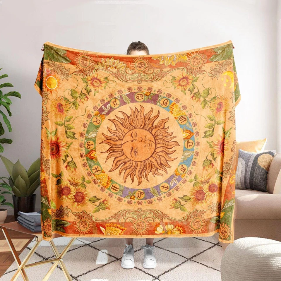 Orange Sun and Moon Fleece Throw Blanket, 70s Vintage Boho Sunflowers Constel... - Image 3 of 4