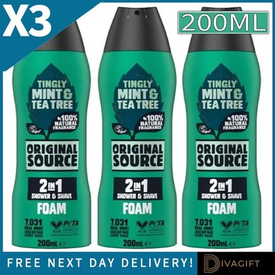 3 x ORIGINAL QUELLE MINT & TEEBAUM DUSCH & RASIERSCHAUM 200ML NATÜRLICHER DUFT