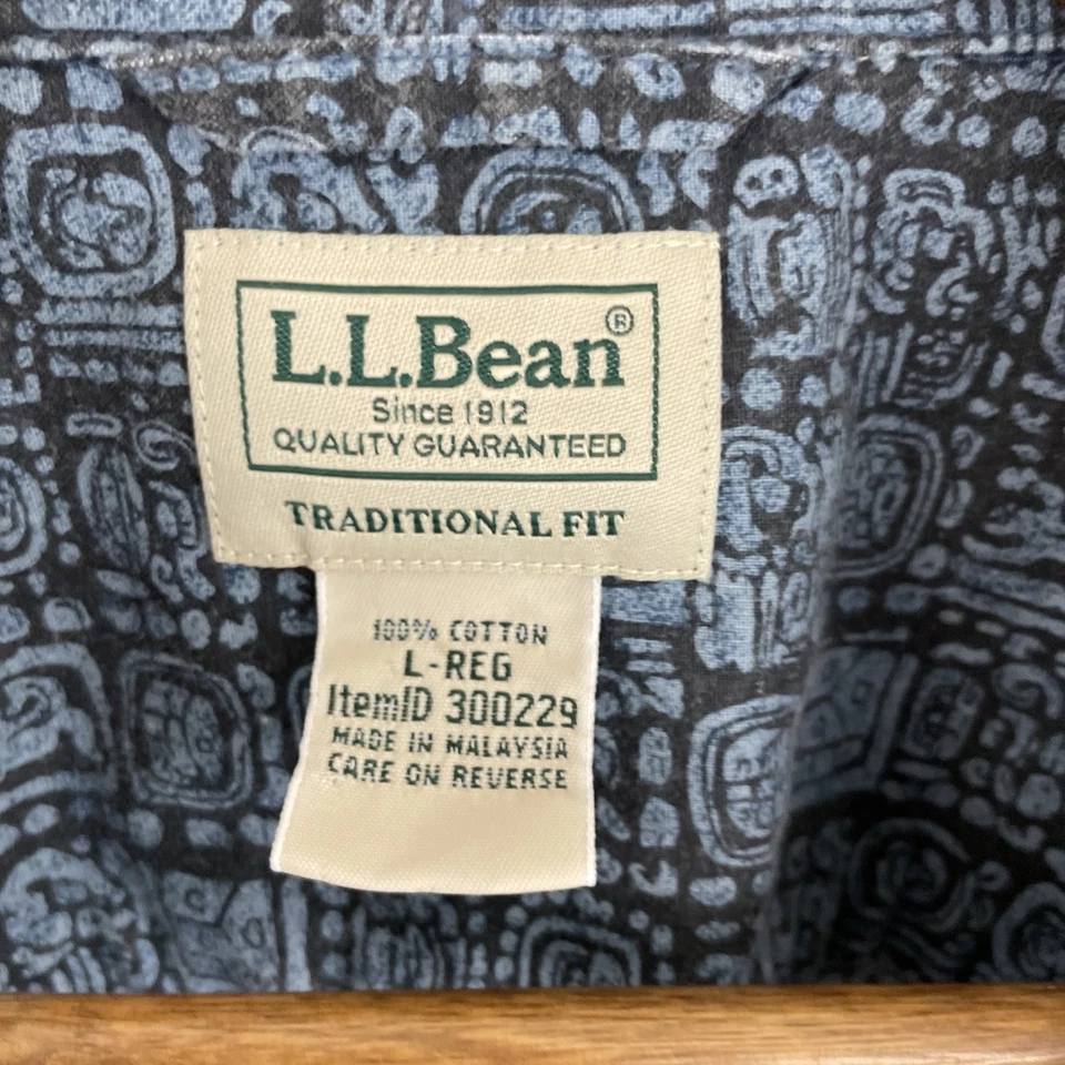 L. L. Bean Shirt Mens Large Traditional Blue Aztec Short SLV Button Loop Collar - Image 3 of 4
