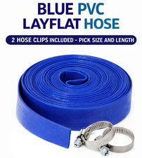 BLUE PVC LAYFLAT HOSE & WITH 2 HOSE CLIPS  PUMP IRRIGATION PIPE 25,32,38,50,75MM