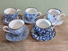 Vintage Set Of 5 Japanese Demitasse Tea Cups and Saucers Blue White Mint Marked