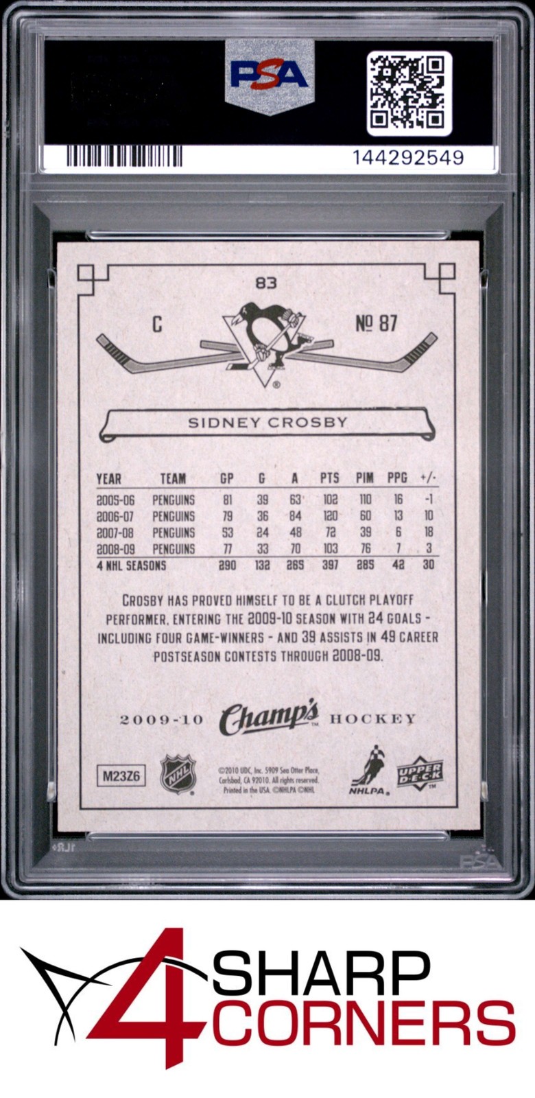 2009 UPPER DECK CHAMP'S #83 SIDNEY CROSBY PENGUINS PSA 10 view 2
