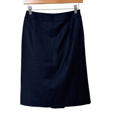 ICB Navy Blue Pinstripe Wool Blend Midi Skirt Size 2 Professional Officecore